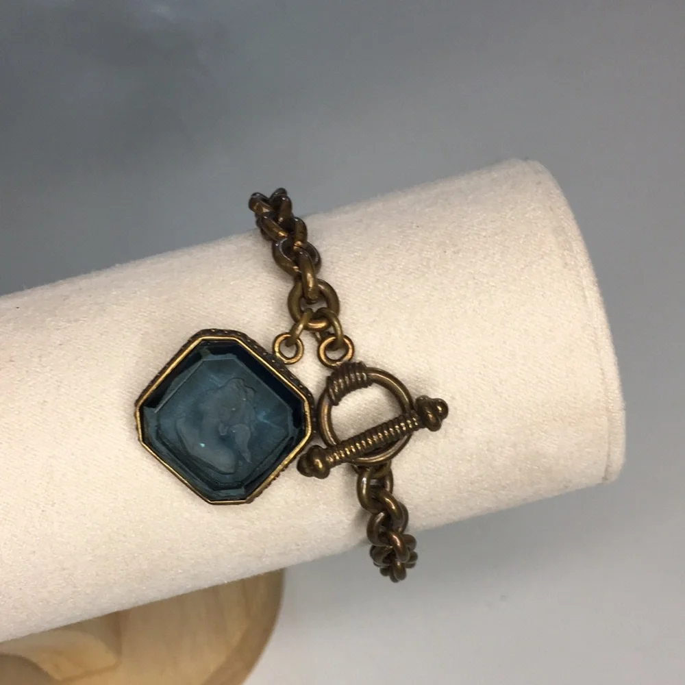 Blue & Antiqued Gold Chain Link Bracelet w/ Square Gemstone